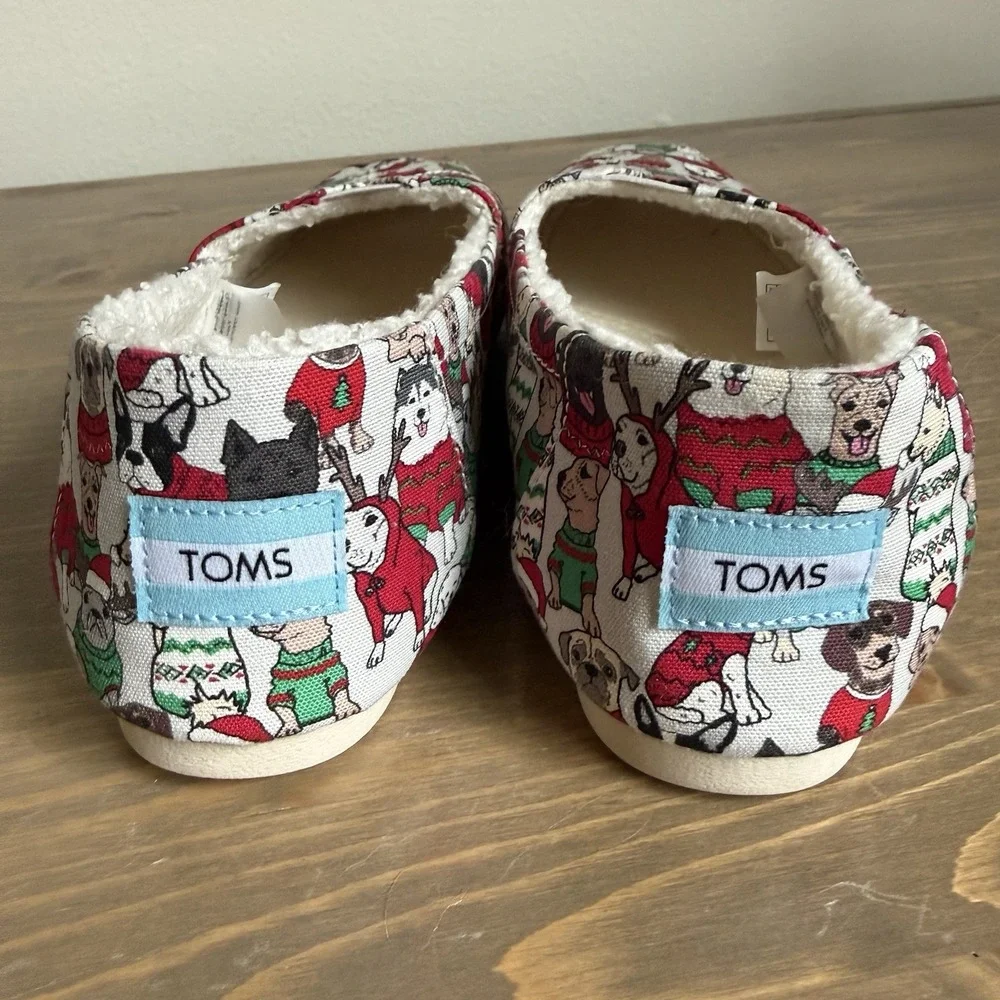 Toms Womens 7.5 Belmont Glacier Holiday Sweater Dogs Slip Ons Flats Fleece Lined